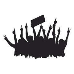 Protest or concert crowd silhouette with raised hands and a blank sign.