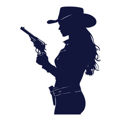 Side profile silhouette of a cowgirl holding a revolver gun.