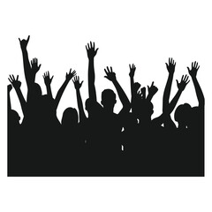 Silhouette of a crowd of fans with hands in the air.