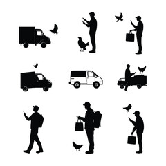 Set of delivery man and van silhouettes.