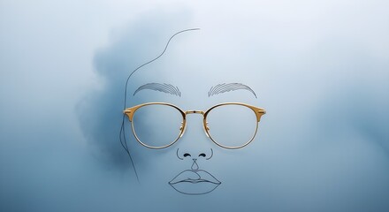 Minimalist Abstract Face in Blue Mist with Detailed Gold Glasses