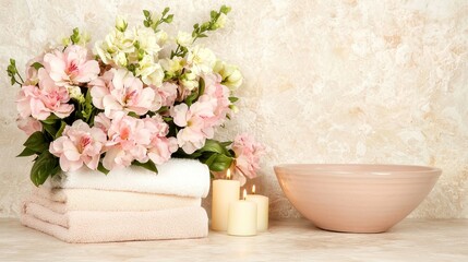 Fototapeta premium Serene Spa Setup with Fresh Flowers, Candles, and Soft Towels