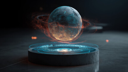 Holographic projection of a 3D planet from a floating AI device. digital technologies, artificial intelligence