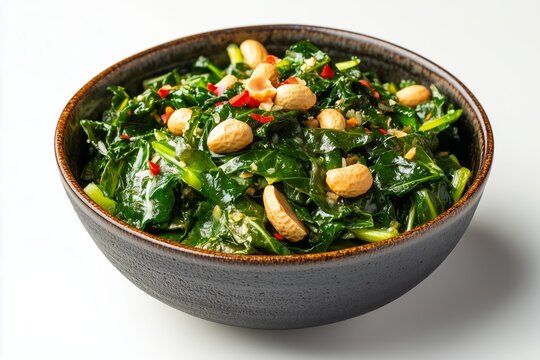 Mchicha with peanut butter and coconut milk on a white background showcasing the vibrant amaranth greens and crunchy peanuts
