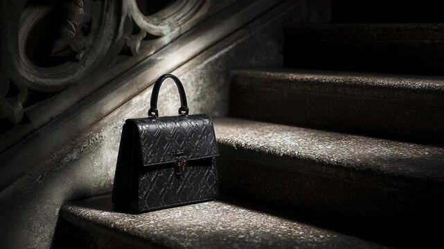 Black luxury handbag resting on marble stairs, a stylish composition for fashion, retail, or luxury branding