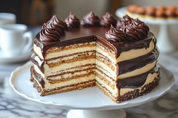 Delicious opera cake featuring layered almond sponge and rich coffee buttercream topped with smooth chocolate glaze at a cozy cafe setting