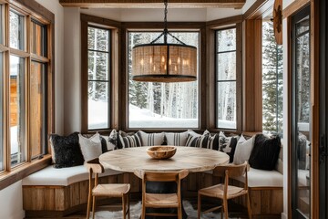 Cozy dining nook with oval table, built-in seating, white oak and walnut accents, wooden chandelier, and natural light in modern farmhouse style