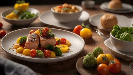 Fresh Salmon Fillet with Cherry Tomatoes Broccoli and Lemon on White Plate in Rustic Kitchen Setting