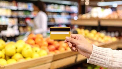 Hand holding credit card in a grocery store