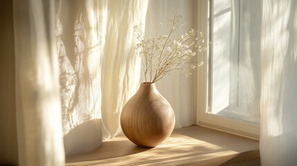 A wooden vase on a sunlit windowsill, with a soft white curtain adding a dreamy aesthetic.