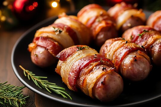 Delicious pigs in blankets featuring chipolata sausages wrapped in crispy bacon, perfect for holiday gatherings and Christmas celebrations