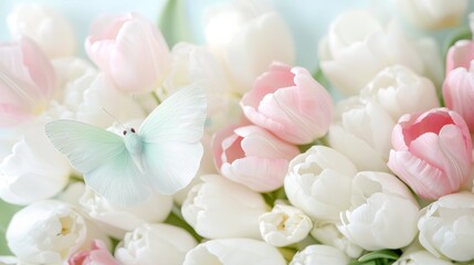 Delicate Butterfly Among Soft Pink and White Tulips in Spring Garden