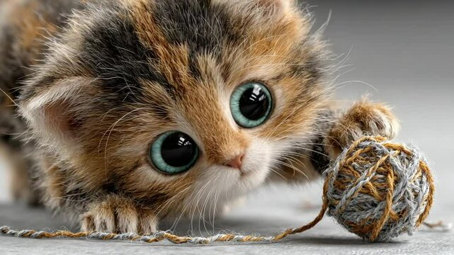 Adorable Kitten with Huge Eyes Playing with a Ball of Yarn in a Studio Setting