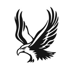 Obraz premium Flying eagle silhouette with wide wings spread, bold bird outline in black and white vector style design, eagle silhouette, flying eagle, bird outline, wild bird, eagle wings