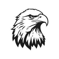 Eagle head silhouette in black and white vector style with sharp beak and expressive eyes directed forward, eagle head, bird head, eagle face, bird of prey