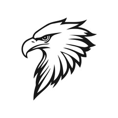 Obraz premium Eagle head silhouette in black and white vector style with sharp beak and expressive eyes directed forward, eagle head, bird head, eagle face, bird of prey
