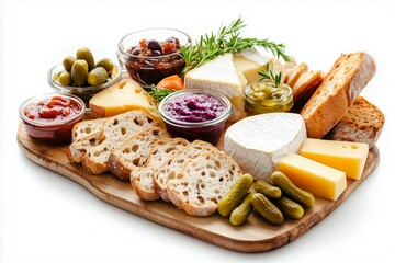 Delicious ploughman's lunch featuring assorted cheese, fresh bread, pickles, chutney, and accompaniments on a wooden board isolated against a white background
