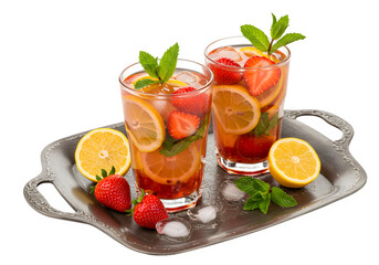 Fototapeta premium Three refreshing fruit cocktails with strawberries, citrus slices, and fresh mint garnishes on decorative serving tray, isolated on white or transparent background. PNG