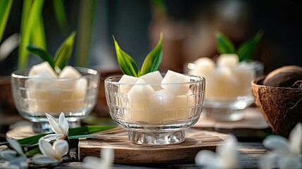 Mini cubes of coconut gel floating in syrup, served in a transparent glass dish with fresh pandan leaves and a rustic table setup.