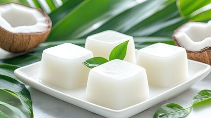Mini cubes of coconut gel soaking in syrup, served in a simple white dish with pandan leaves and tropical accents styled around it.