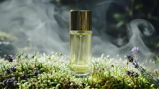 Elegant Perfume Bottle on Mossy Surface with Soft Smoke