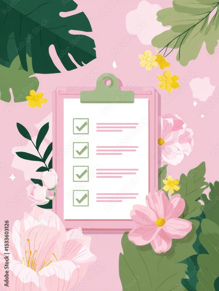 Poster weekly self-care challenge infographic featuring a checklist on a floral background with checkmarks 