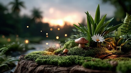 Magical forest scene with moss and flowers