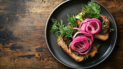 Minimal top-down shot of herring sandwich with rye bread, pickled onions, and fresh dill garnish