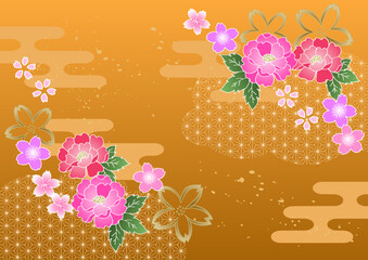 和風の花柄背景ベクター素材 牡丹・桜 オレンジ色