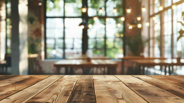 A simple wooden table placed in front of a large window with natural light pouring in