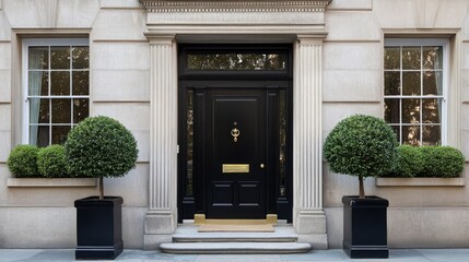 Minimalist black door with classic trim, flanked by two identical green potted plants in a modern front porch design