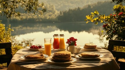 Minimalist breakfast table with pancakes, juice, and scenic highland view in early morning light