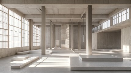 Minimalist empty warehouse interior with expansive concrete floors, steel columns, and natural light, perfect for logistics or storage