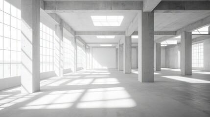 Minimalist empty warehouse interior with expansive concrete floors, steel columns, and natural light, perfect for logistics or storage