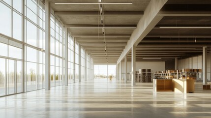 Minimalist empty warehouse interior with expansive concrete floors, steel columns, and natural light, perfect for logistics or storage