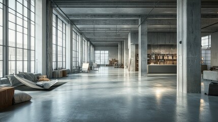 Minimalist empty warehouse interior with expansive concrete floors, steel columns, and natural light, perfect for logistics or storage