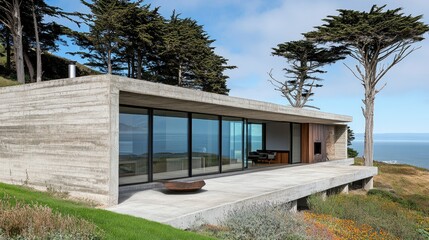 Minimalist European home exterior with a smooth concrete facade, large sliding glass doors, and a simple yet elegant front yard design