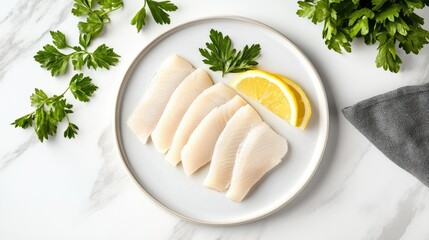 Minimalist food layout featuring sliced herring on white plate with lemon wedge and fresh parsley