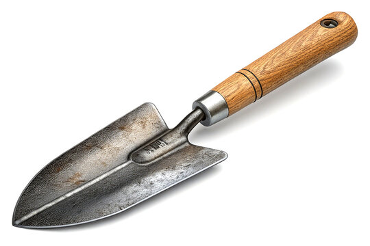 Metal gardening trowel with wooden handle for landscaping and planting tasks