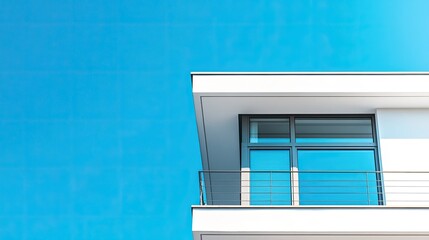 Minimalist modern home facade with open terrace and clear blue sky, perfect summer setting