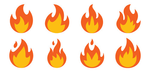 Eight simple flat fire flame icons set