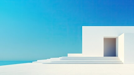 Minimalist modern home facade with open terrace and clear blue sky, perfect summer setting