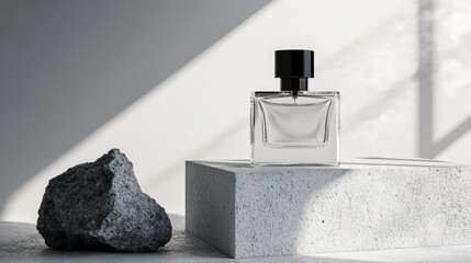 Minimalist luxury perfume bottle on textured white concrete, sleek glass packaging, high-end beauty product display