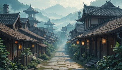 Naklejka premium Misty mountain village a serene asian street scene
