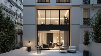 Minimalist residential facade in Europe with clean architectural lines, a glass-fronted living area, and a neutral color palette