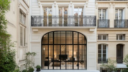 Minimalist residential facade in Europe with clean architectural lines, a glass-fronted living area, and a neutral color palette