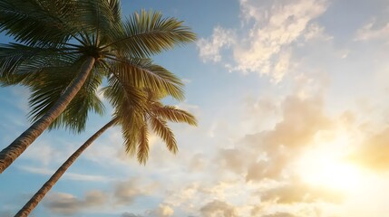 Tropical Palm Trees Against a Bright Sunset Sky with Soft Clouds