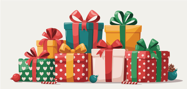Colorful stack of christmas presents with bows