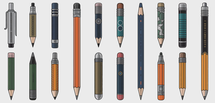 Collection of various pencils and pens illustration