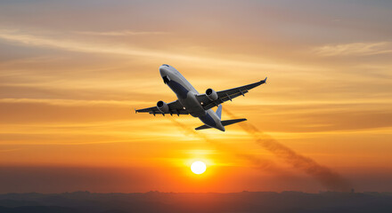 Airplane Ascending at Sunset: Travel and Aviation